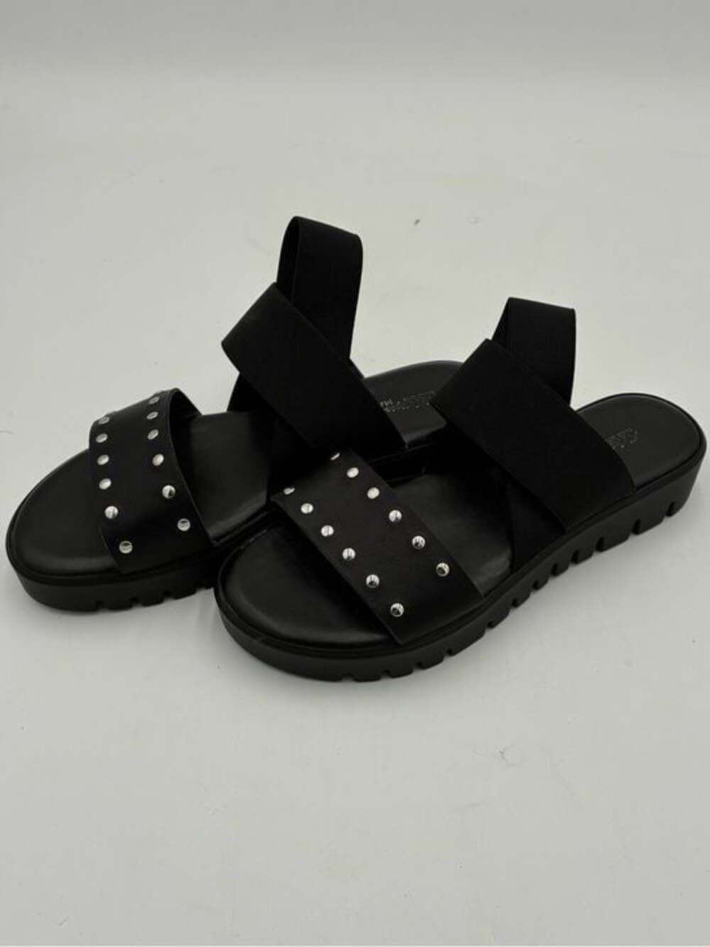 L' Artigiano Lucchese Women's Black Leather Studded Elastic Slide Sandals